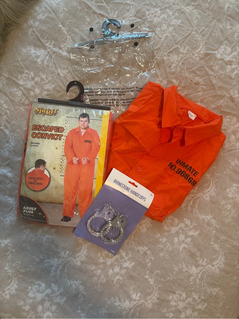 Spirit NWT Orange Escaped Convict Costumes with Silver Rhinestone Handcuffs